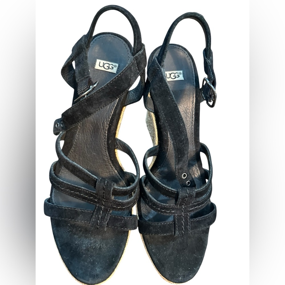 Ugg size 8 Black Suede Strappy Wedge Sandals - Women - Picture 3 of 8